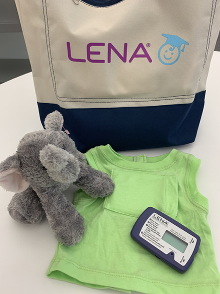 LENA talk pedometer & shirt, stuffed elephant toy, LENA canvas bag